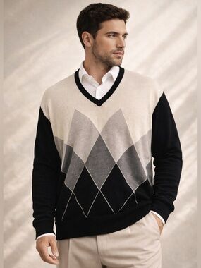 Gran Sasso Argyle Merino Wool Knit Quiet Luxury Sweater Sz L/XL